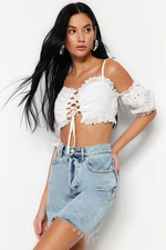 Trendyol White Crop Woven Ruffled 100% Cotton Blouse