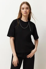 Trendyol Black 100% Cotton Relaxed/Comfortable Fit Chain Detailed Knitted T-Shirt