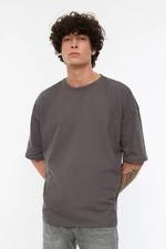 Trendyol Antracyt Basic 100% Bawełna Oversize/Szeroki Krój Koszulka Z Krótkim Rękawem