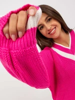 Fluo pink longer oversize sweater with V RUE PARIS NECKLINE