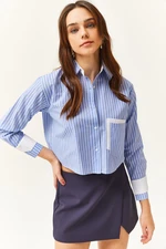 Olalook Women's Blue White Pocket and Cuff Detail Striped Crop Shirt