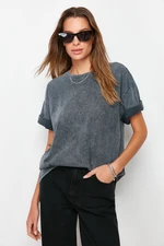 Trendyol Anthracite 100% Cotton Pale Effect Back Printed Boyfriend Crew Neck Knitted T-Shirt