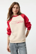 Trendyol Dark Cherry Relaxed/comfortable Pattern Slogan Printed Thick Polar Fleece Knitted Sweatshirt