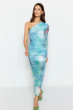 Trendyol Blue Patterned Draped Tulle Dress