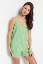 Trendyol Green Animal Pattern Undershirt-Shorts, Woven Pajamas Set