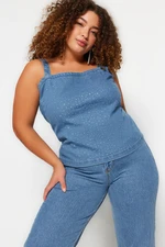 Trendyol Curve Blue Stone Detailed Crop Denim Blouse