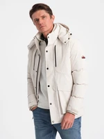 Ombre Men's winter jacket with detachable hood and cargo pockets - cream