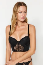 Trendyol Černá Mikina s Krajkovými Detaily a Šňůrkovými Ramínky Extra Push Up Bustier Pletená Podprsenka