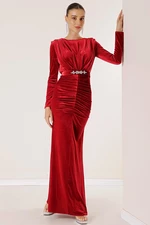 By Saygı Long Velvet Dress with Front Pleated Belt