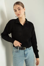 Lafaba Women's Black Polo Neck Openwork/Perforated Knitwear Sweater