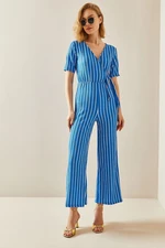 XHAN Turquoise Double Breasted Collar Striped Jumpsuit