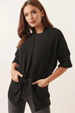 By Saygı Half-Bats with Sleeve Pockets, Knitwear Poncho Cardigan Black