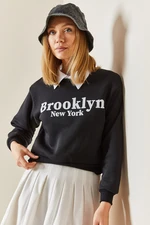 XHAN Black Crew Neck Sweatshirt with Text Detail