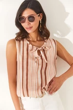 Olalook Women's Beige Tie Deserts Striped Linen Blouse