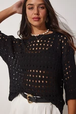 Happiness İstanbul Women's Black Crew Neck Openwork Summer Knitwear Blouse