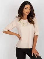 Beige shiny formal blouse with short sleeves