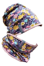 Cotton cap + neck warmer / purple flowers