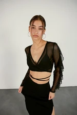 VATKALI Ruffle Sleeves Sheer Transparent Crop Top