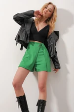 Trend Alaçatı Stili Women's Green With Elastic Waist, Button Detail, A Slit Look Short Skirt