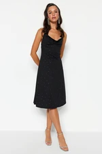 Trendyol Black Open Waist/Skater Knitted Shiny Stone Stylish Evening Dress