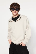 Trendyol Basic Stones Men's Oversize/Wide-Cut Shirt Collar Thick Fleece Sweatshirt with Pocket.