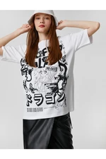 Koton Oversized T-Shirt with Short Sleeves and Oriental Print Crewneck.