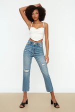 Trendyol Blue Ripped Detailed High Waist Straight Jeans