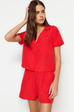 Trendyol Dark Red Terrycotton Shirt-Shorts Woven Pajama Set