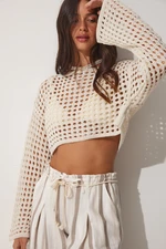 Happiness İstanbul Women's Cream Openwork Crop Knitwear Blouse