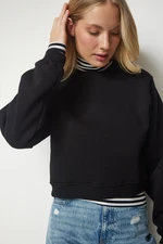 Happiness İstanbul Women's Black Shark Crop Sweatshirt