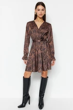 Trendyol Brown Belted Animal Patterned Double Breasted Neck Woven Woven Dress