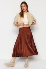 Trendyol Brown Pleated Satin Midi Woven Skirt