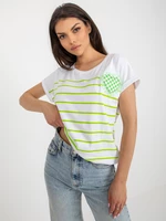 White and light green striped blouse with application