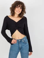 Women's Blouse Crop Top with Long Sleeves - Black