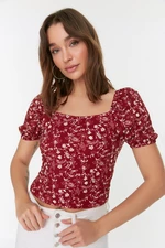 Trendyol Claret Red Floral Print Fitted/Situated Crop Square Neck Creme Knitted Blouse