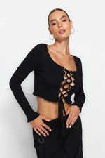 Trendyol Black Crop Eyelet Detailed Knitwear Sweater