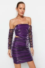 Trendyol Purple Fitted Evening Dress with Shimmering Window/Cut Out Detailed Tulle Evening Dress