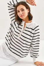 Bianco Lucci Women's Button-down Collar Turtleneck Striped Knitwear Sweater