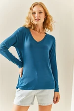 XHAN Petrol Blue V-Neck Flowy Blouse