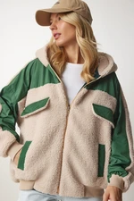 Happiness İstanbul Women's Beige Green Hooded Fleece Quilted Coat