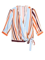 Orsay Blue-Orange Striped Wrap Blouse with Three-Quarter Sleeve - Women