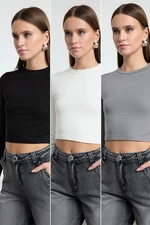 Trendyol Black-White-Mink Striped 3-Pack Crop Fitted/Body-Smoothing Knitted Blouse