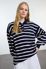 Trendyol Navy Blue Striped Balloon Sleeve Polo Neck Knitwear Sweater