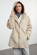 Trendyol Ecru Oversize Double Sided Hooded Suede-Plush Coat