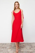 Trendyol Red Straight Cut Slit Strappy Maxi Woven Dress