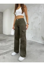 12128 Dewberry High Waist Wide Leg Cargo Pocket Trousers-KHAKI