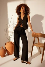 Trendyol Black 100% Linen Pleated High Waist Wide Leg Trousers