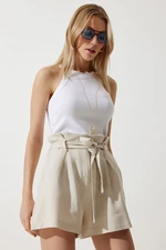 Happiness İstanbul Women's Cream High Waist Belted Linen Shorts