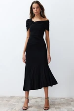 Trendyol Black Asymmetric Collar Knitted Elegant Evening Dress