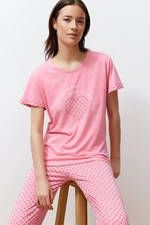 Trendyol Pink Slogan Printed Polka Dot Knitted Pajamas Set